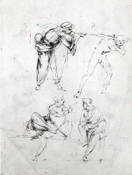 Studie eines Mannes, der einem anderen ins Ohr bläst, und zwei Figuren im Gespräch, ca. 1480-82